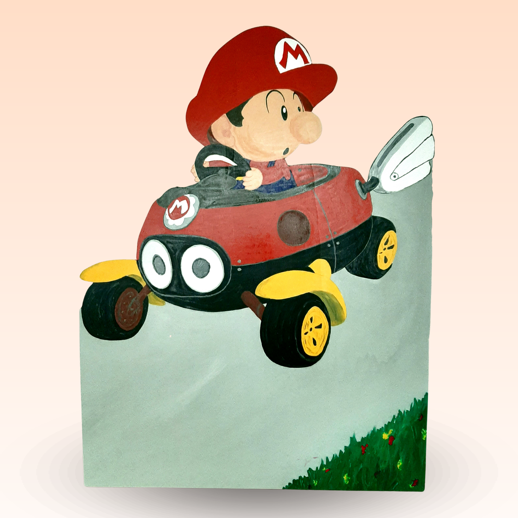 Geburtstafel/Babytafel in Form eines Mario Karts. Handgefertigt von Franziska Barmettler, Geburtstafeln Luzern, in Root.