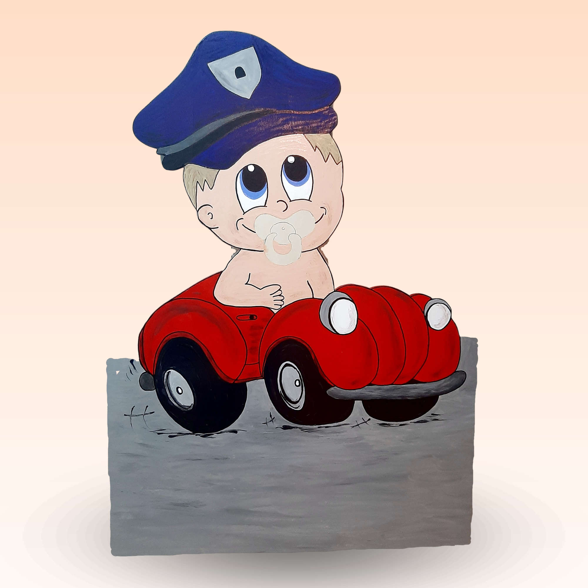 Geburtstafel/Babytafel in Form eines Polizeiautos. Handgefertigt von Franziska Barmettler, Geburtstafeln Luzern, in Root.