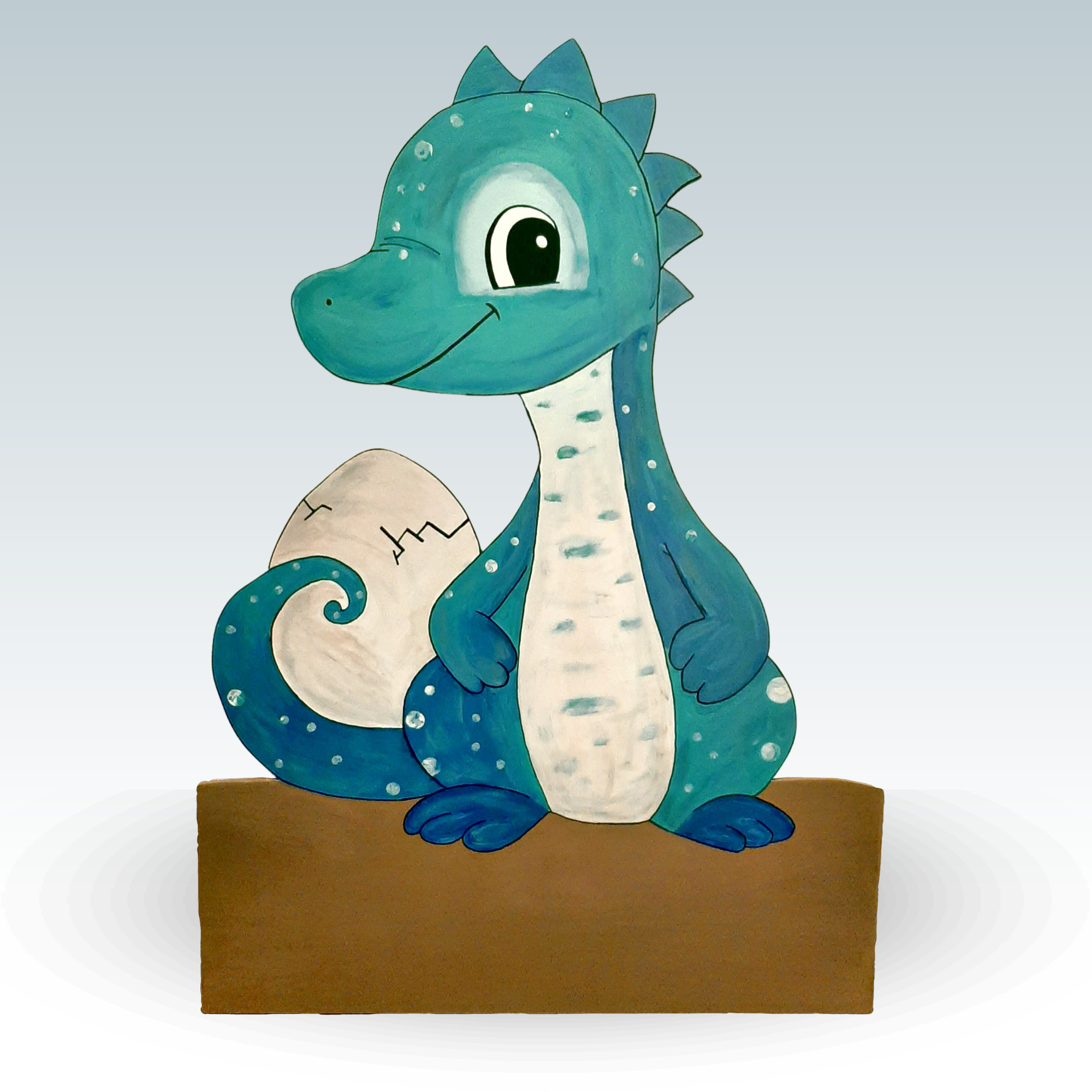 Geburtstafel/Babytafel in Form eines Baby-Dino. Handgefertigt von Franziska Barmettler, Geburtstafeln Luzern, in Root.