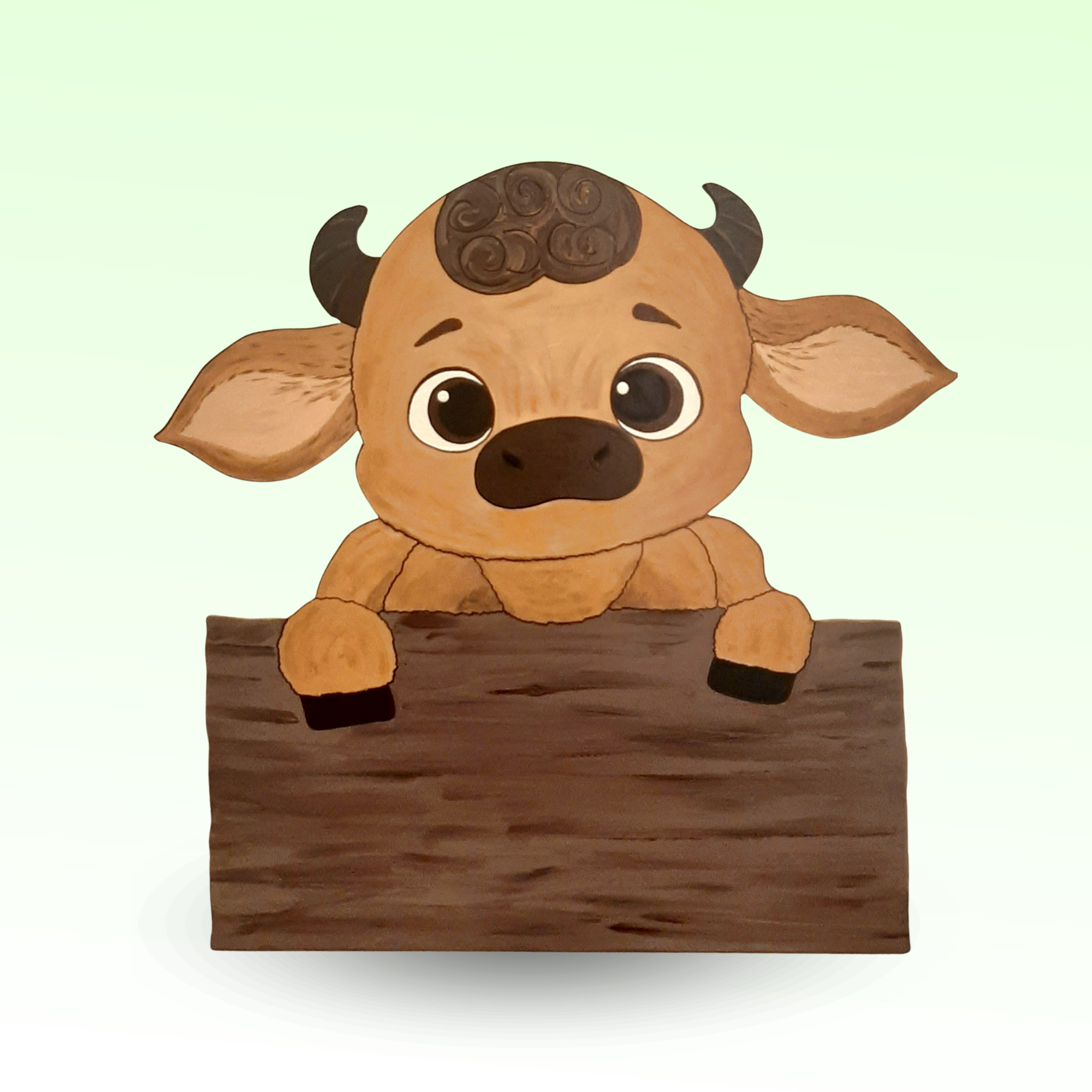 Geburtsschild/Babytafel in Form eines kleinen Stier-Baby. Handgefertigt von Franziska Barmettler, Geburtstafeln Luzern, in Root.
